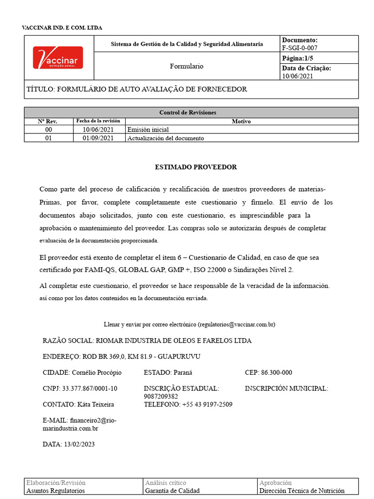 F-SGI-0-007 - Formulario de Autoevaluación Del Proveedor | PDF