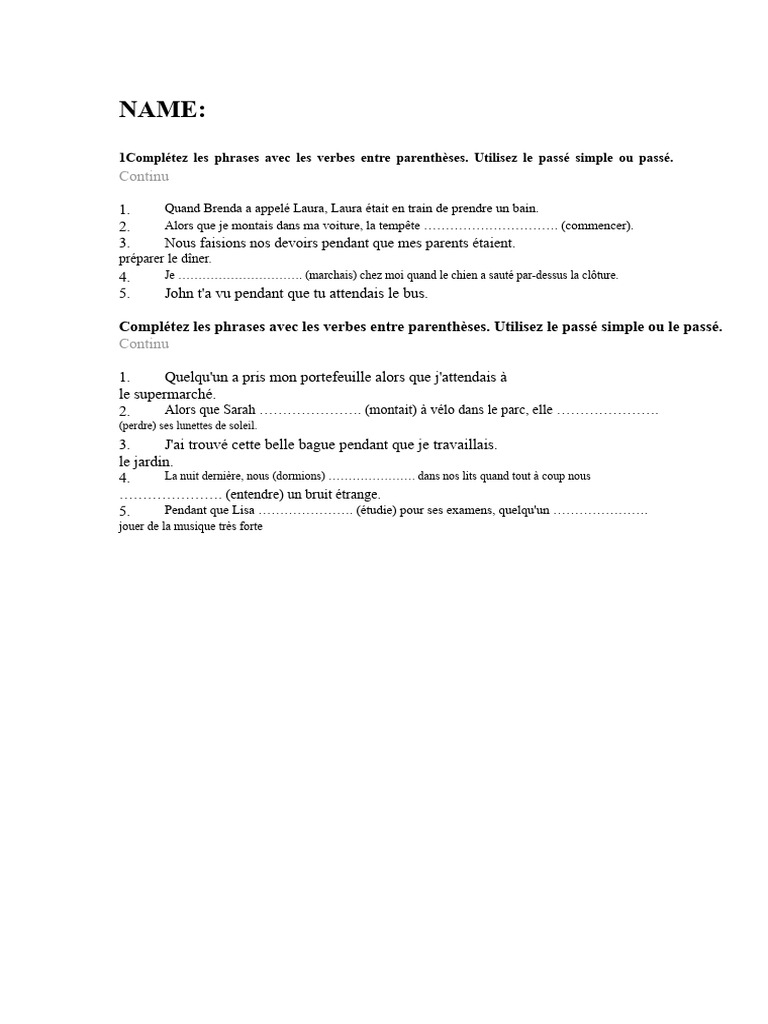 Exercices de verbes au passé simple et continu | PDF