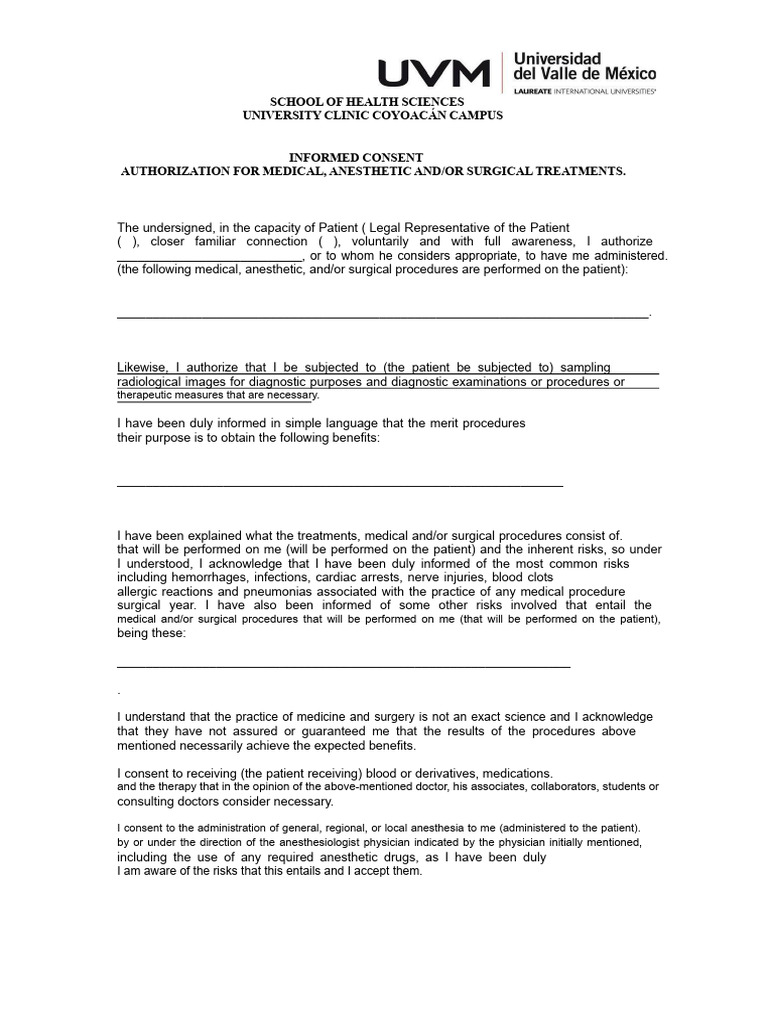 Informed Consent for Medical Procedures | PDF | Anesthesia | Surgery