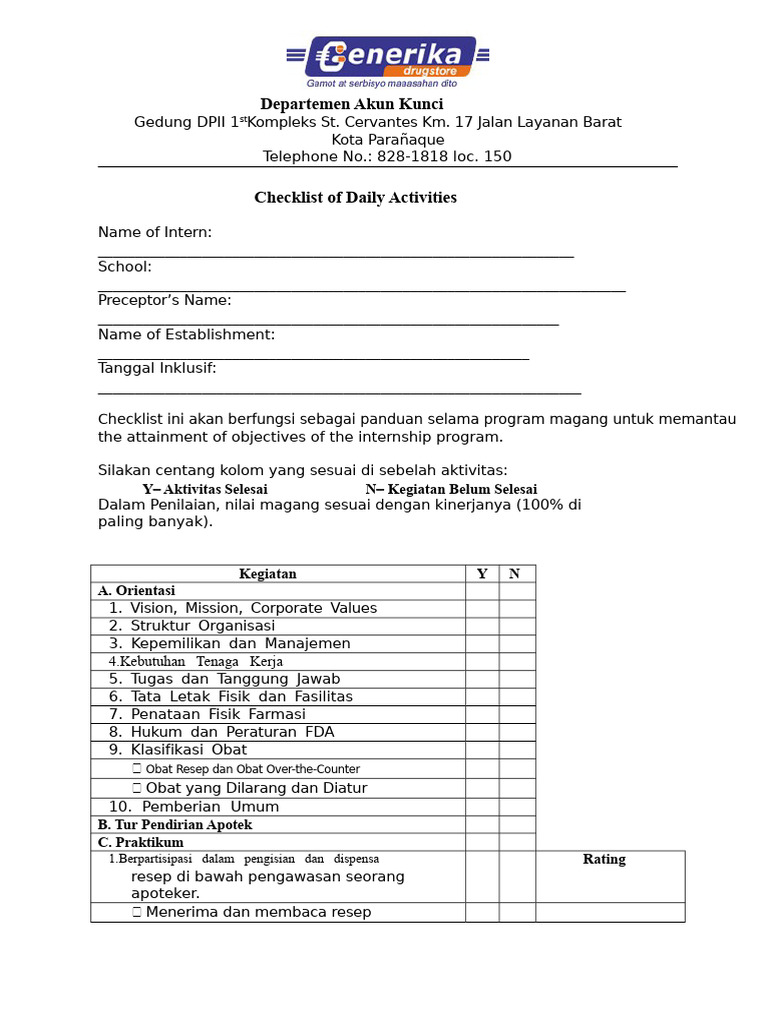 Checklist Kegiatan Magang Apotek | PDF