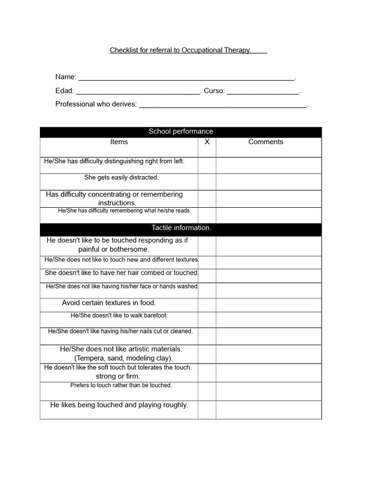 Occupational Therapy Referral Checklist | PDF
