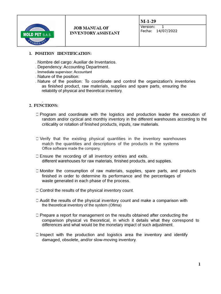 Inventory Assistant Job Manual | PDF | Inventory | Logistics