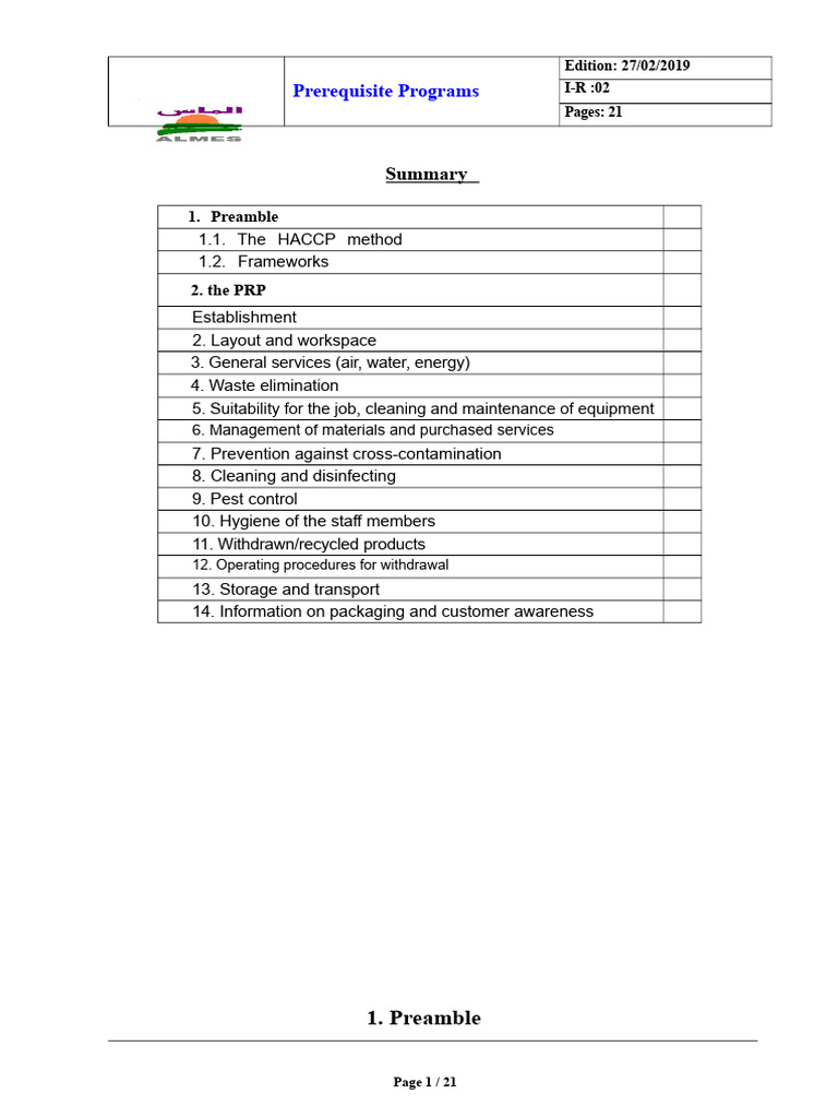 Prerequisite Programs for Food Safety | PDF | Hygiene | Verification ...