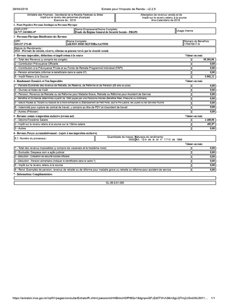 Attestation Impôt sur le Revenu 2019 | PDF | Impôt sur le revenu | Retraite