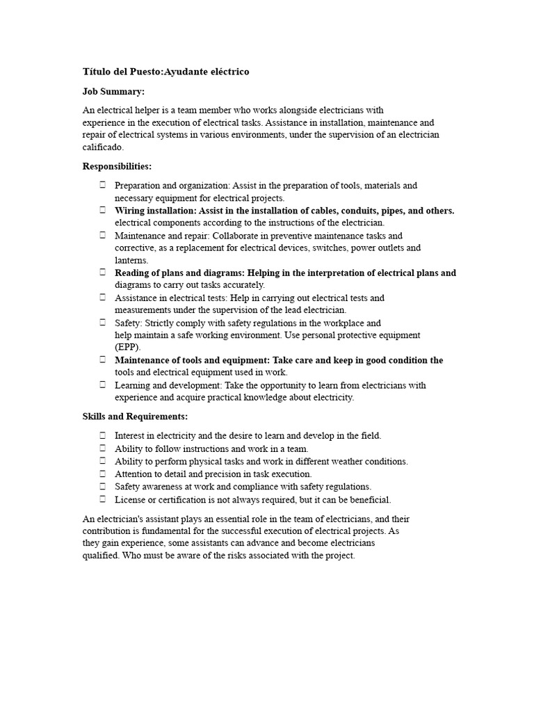 Electrical Helper Job Description | PDF