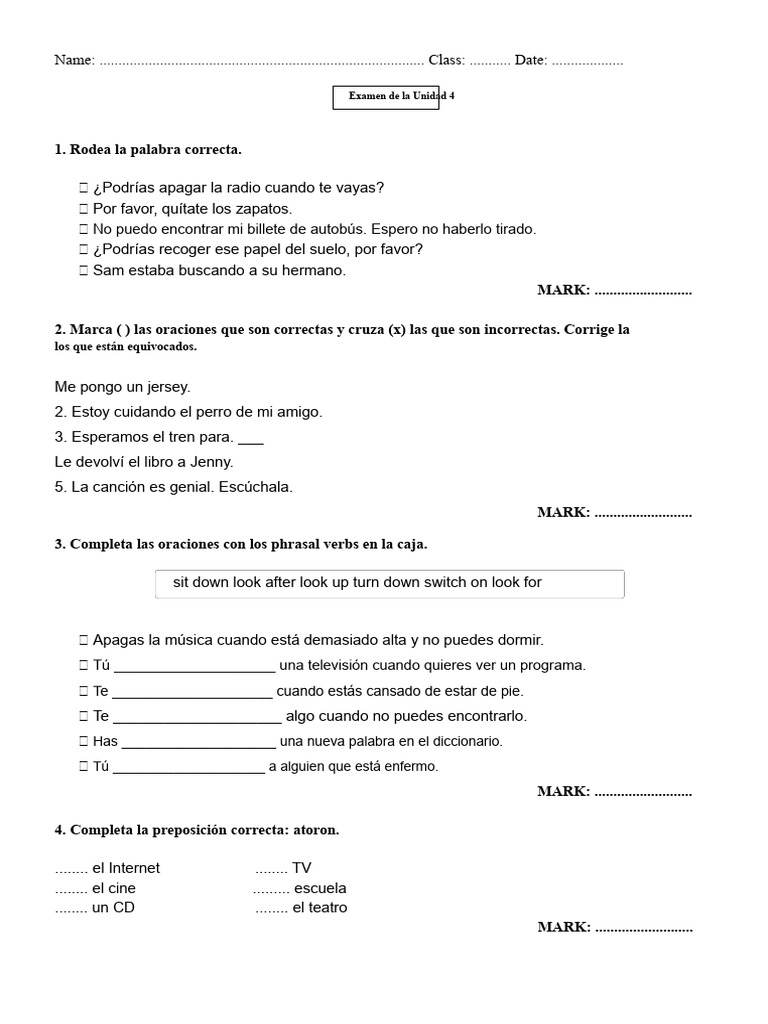 Examen de Inglés: Unidad 4 | PDF