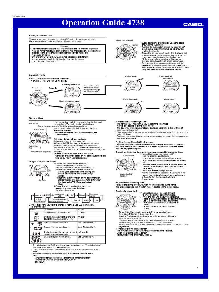 CASIO Watch Operation Guide MO0612-SA | PDF | Daylight Saving Time | Clock