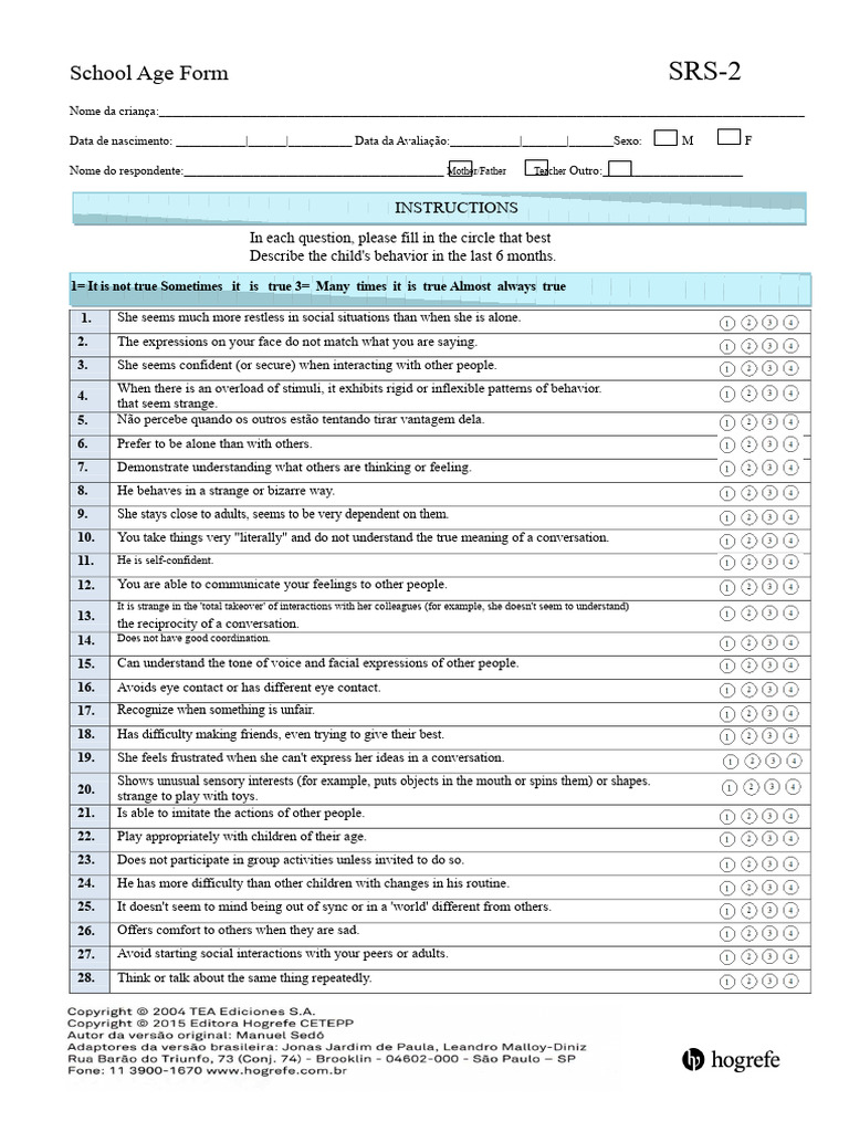 School Age Behavior Assessment Form | PDF | Cognition | Social Psychology