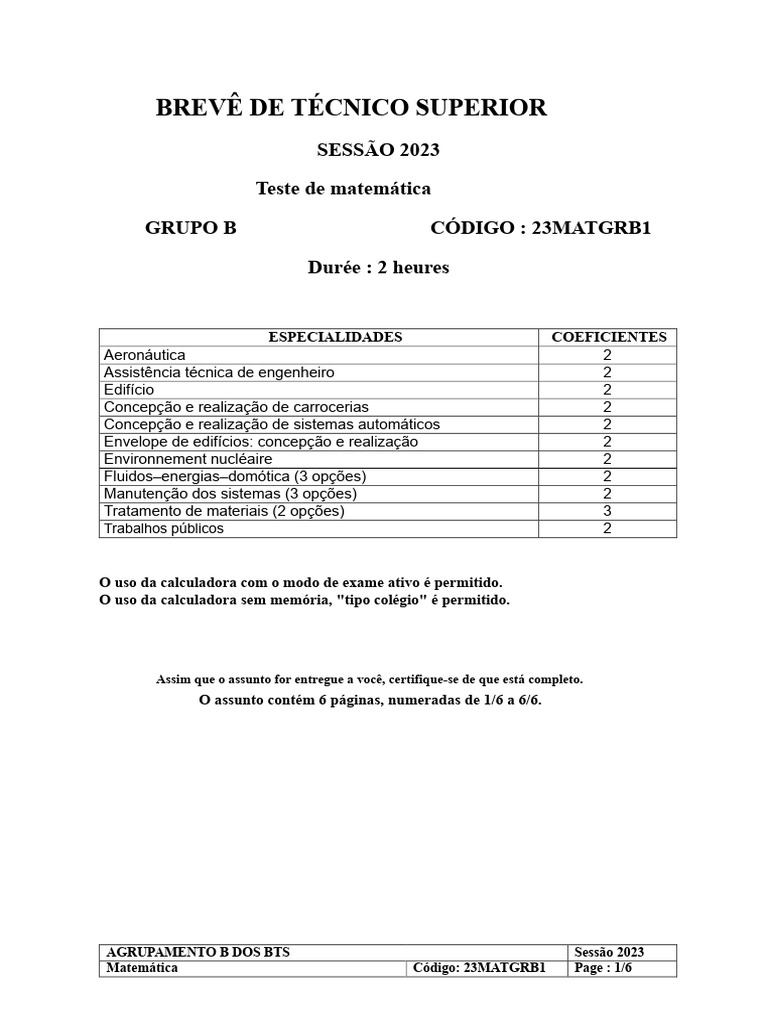 Teste de Matemática BTS 2023 - Grupo B | PDF | Equações diferenciais ...