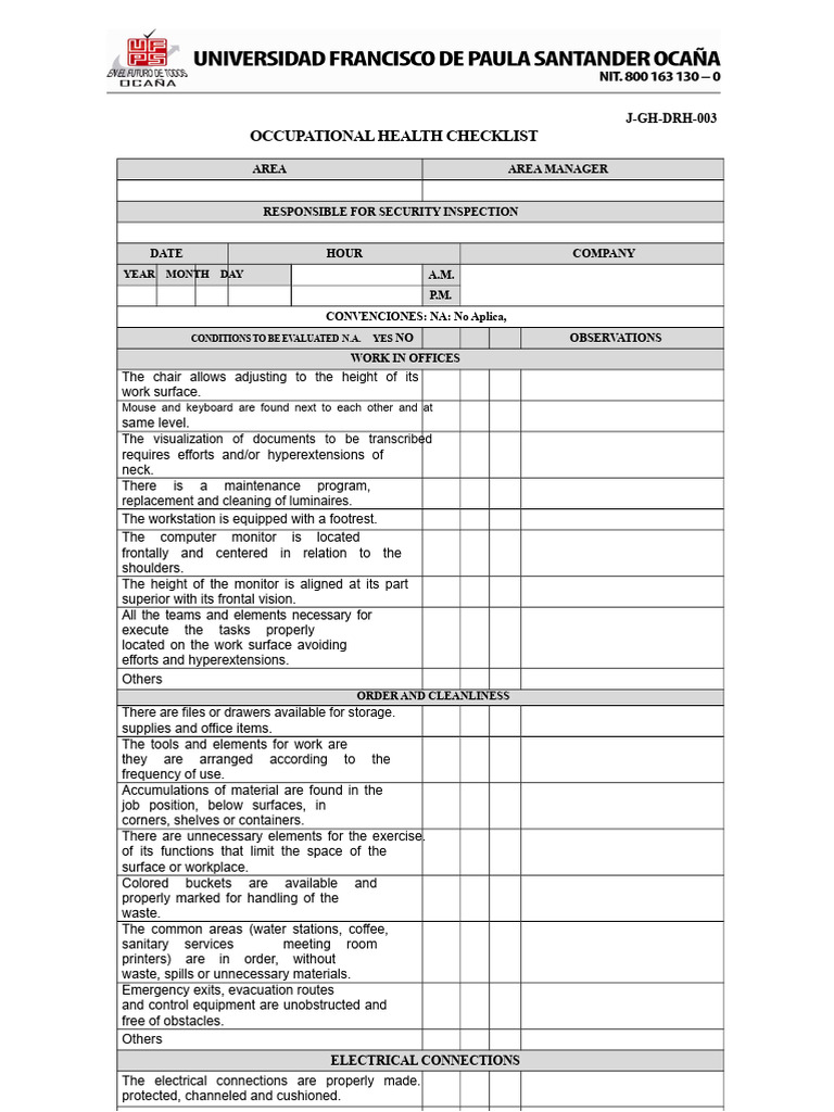 Occupational Health Checklist Format | PDF | Occupational Safety And ...