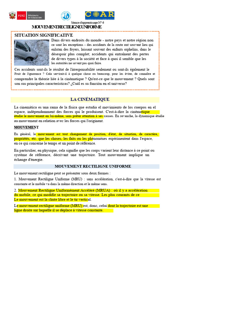 Mouvement Rectiligne Uniforme : Concepts et Équations | PDF ...