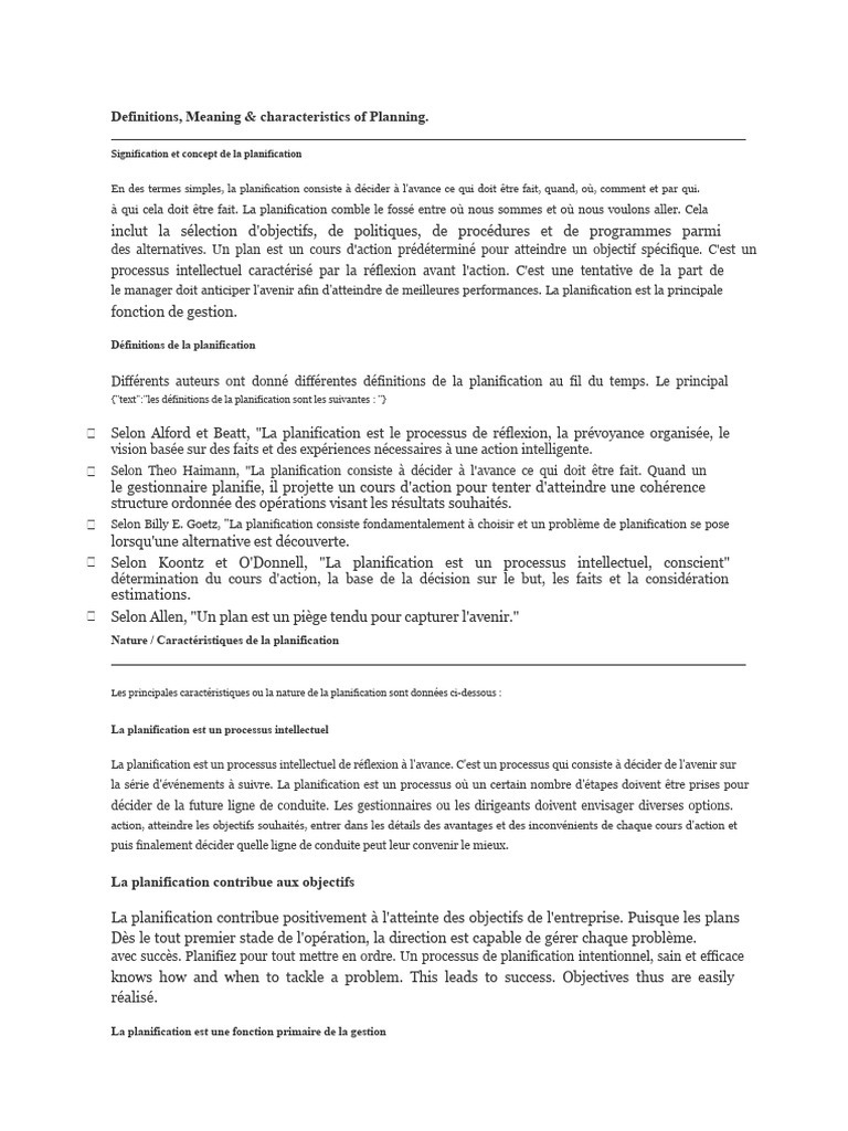 Caractéristiques et importance de la planification | PDF ...
