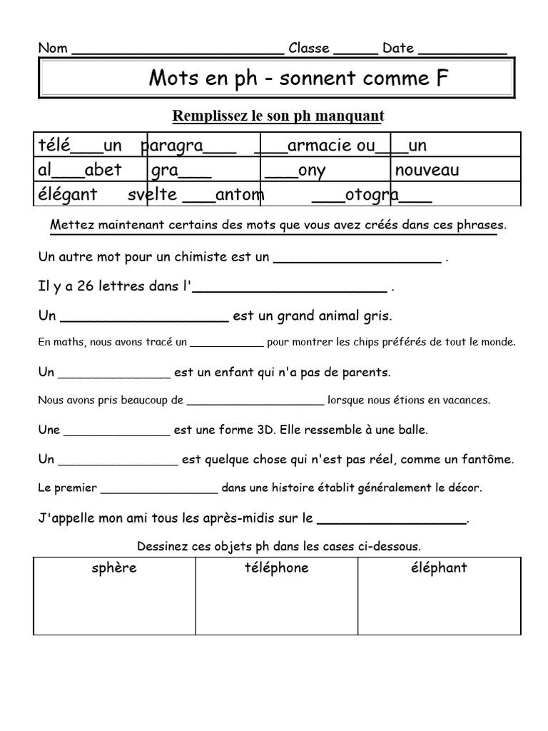 Exercices de mots avec "ph" | PDF