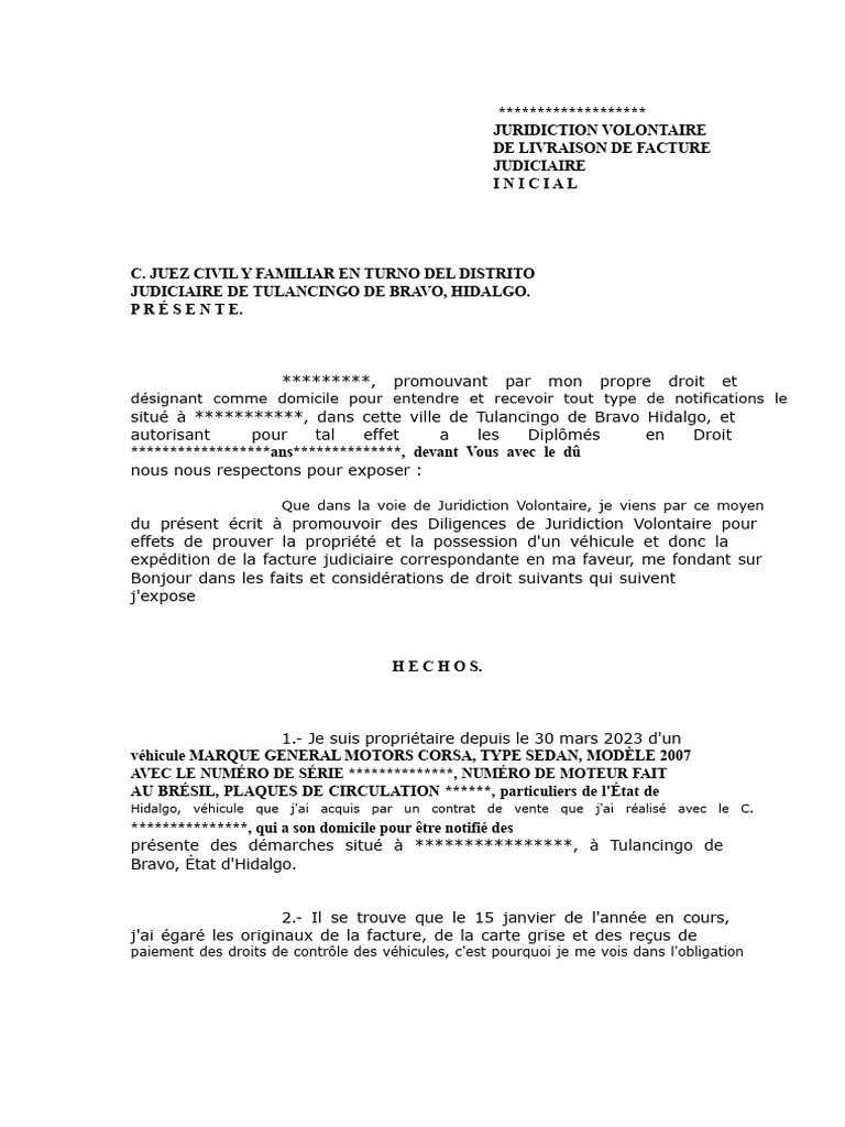 Demande de Facture Judiciaire pour Véhicule | PDF