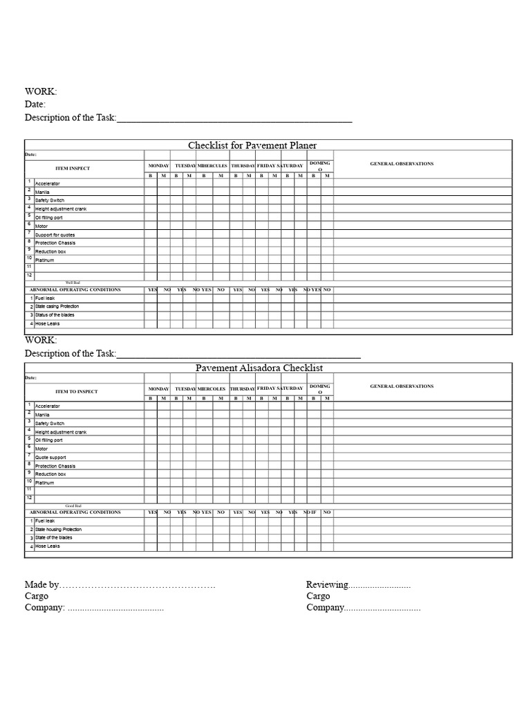 Pavement Planer Inspection Checklist | PDF