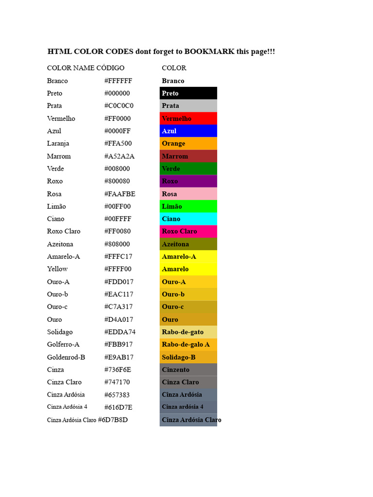Códigos de Cores HTML | PDF | Cor | Html