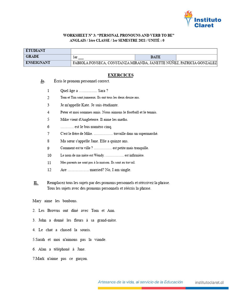 Exercices sur les pronoms personnels | PDF