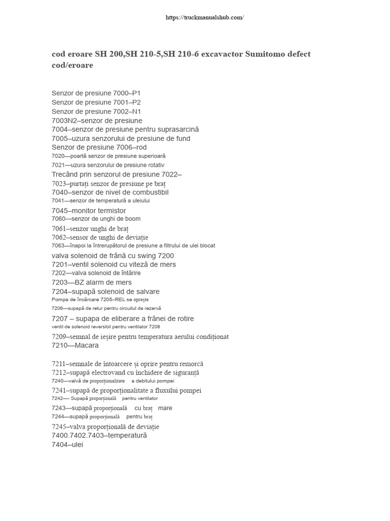 Listă de Coduri de Eroare Pentru Excavatoarele Sumitomo SH 200, SH 210 ...