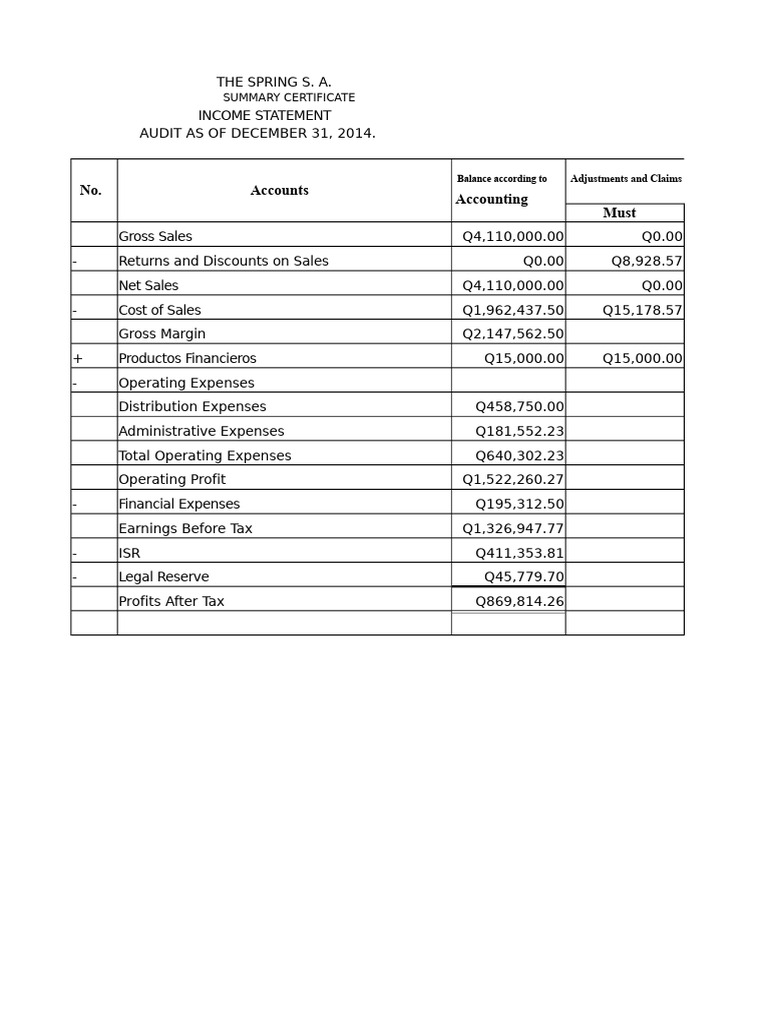 Resolution Exercise Audit Income Statement El Manantial 2 | PDF ...