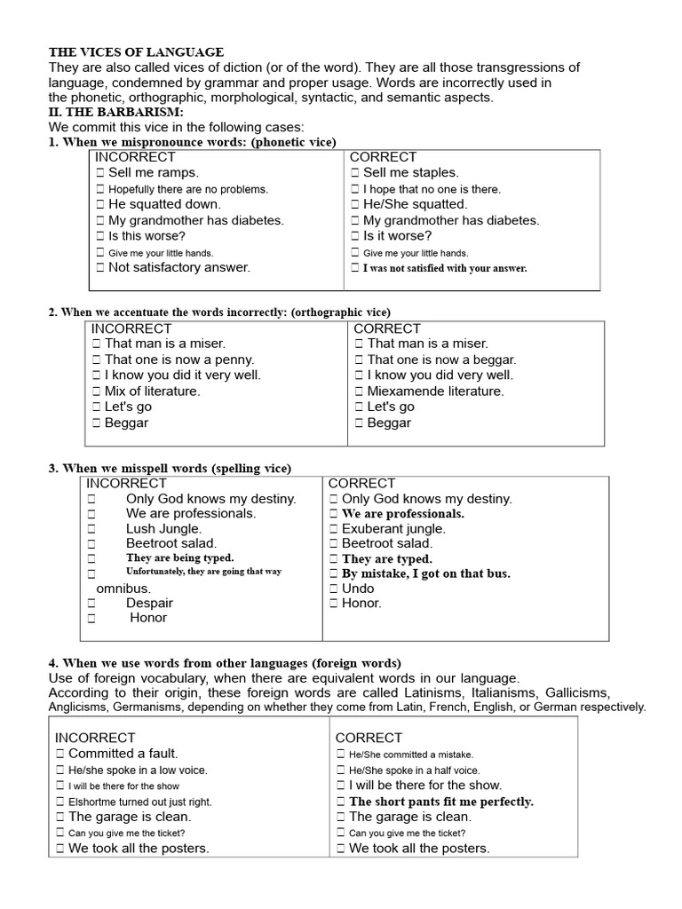 Language Vices Explained: Grammar Errors | PDF | Word | Grammatical Number