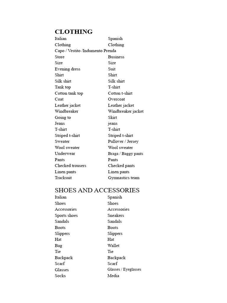 Clothing and Accessories Vocabulary Guide | PDF