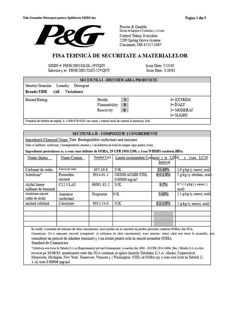 Fisa de Date de Securitate A Detergentului de Rufe Granulat Tide | PDF