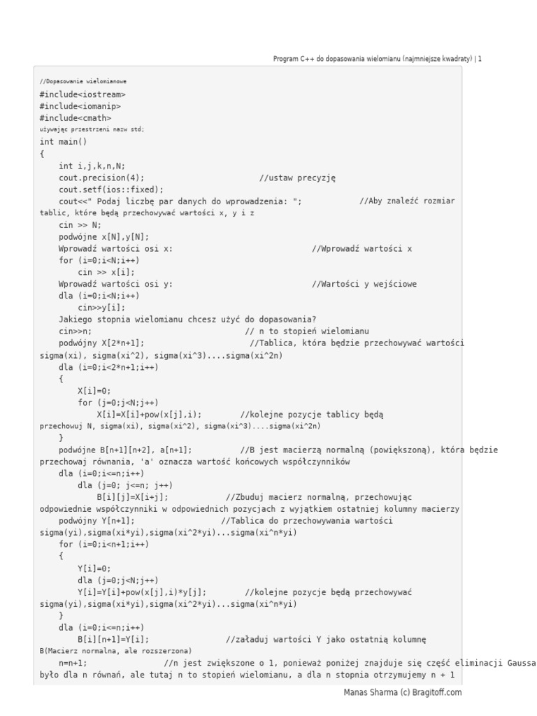 Program C++ Do Dopasowania Wielomianu (Najmniejsze Kwadraty) PDF | PDF