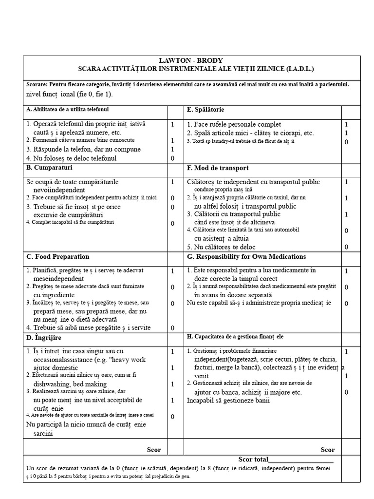 Formular IADL Lawton În Engleză | PDF