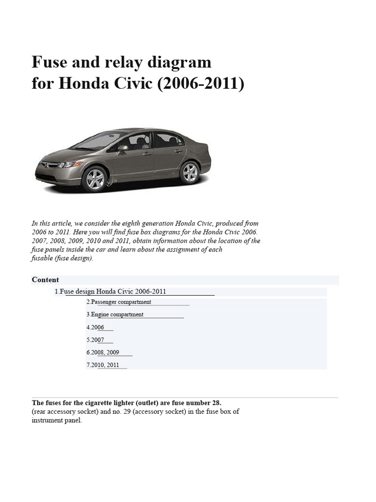2011 honda civic cigarette lighter fuse Fuse and Relay Diagram For Honda Civic 2006-2011 | PDF | Fuse (Electrical)