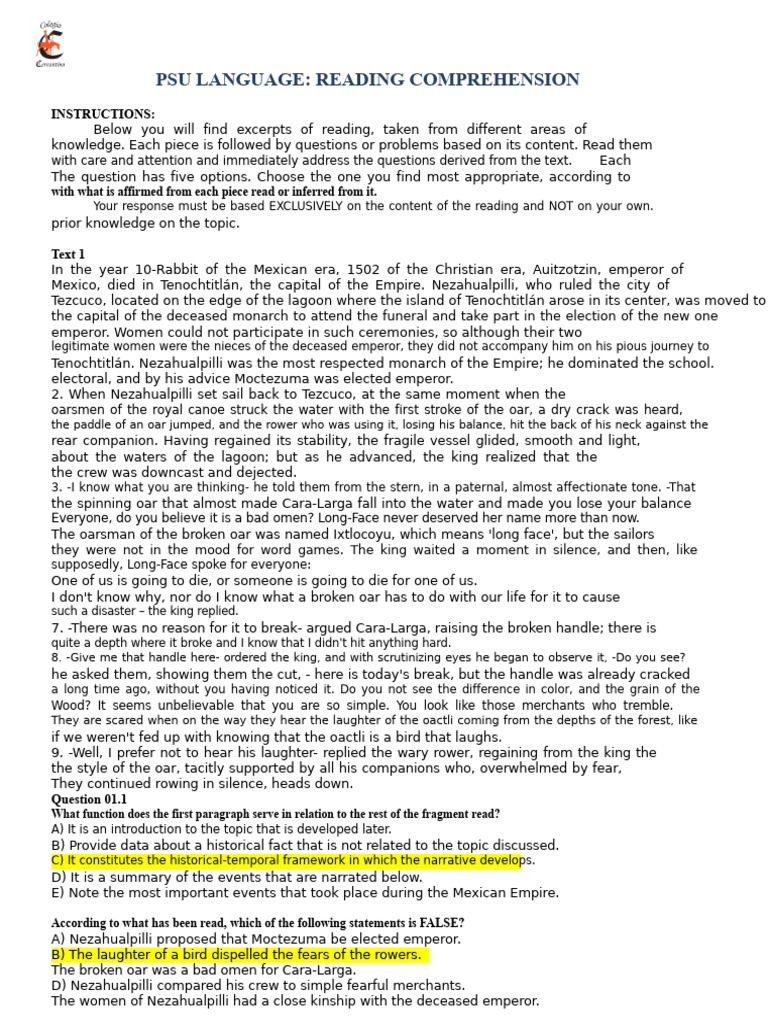 PSU Language Reading Comprehension Guide | PDF