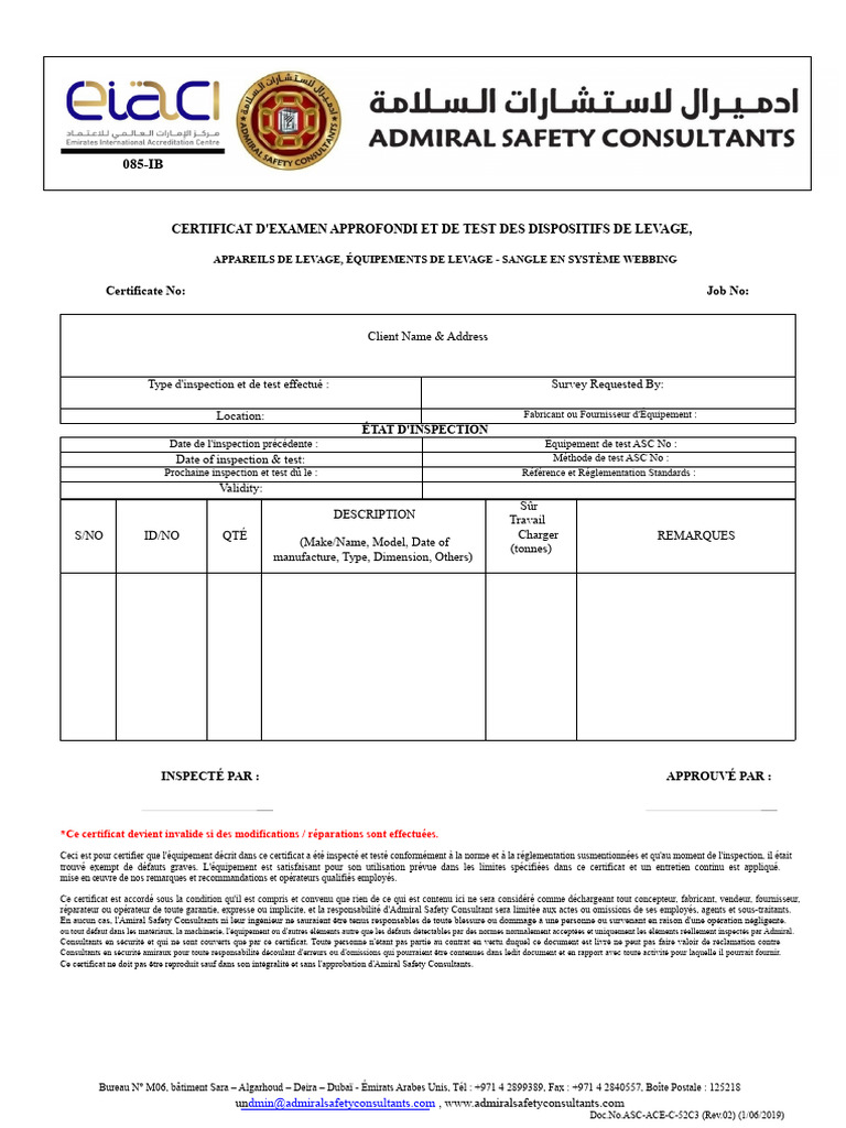 Certificat d'Inspection Équipements de Levage | PDF