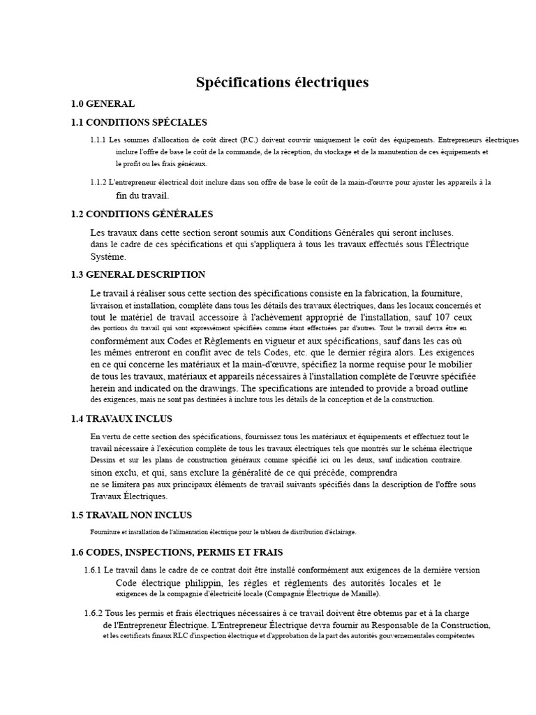 Spécifications des travaux électriques | PDF | Acier | Métaux