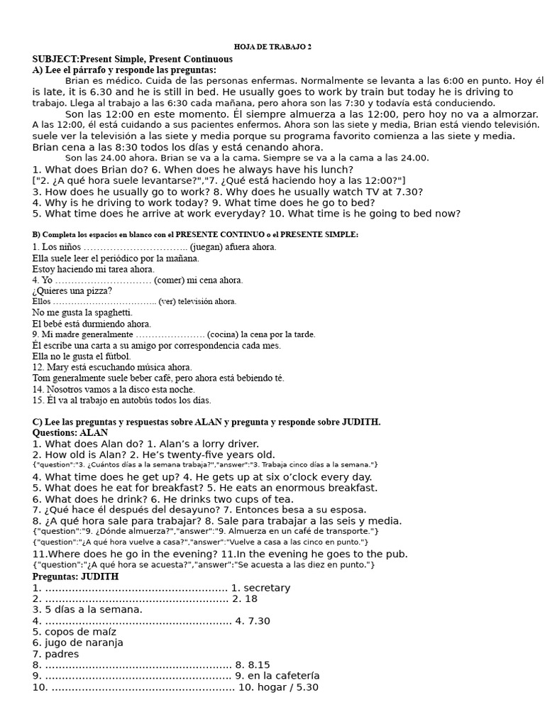 Ejercicios de Presente Simple y Continuo | PDF