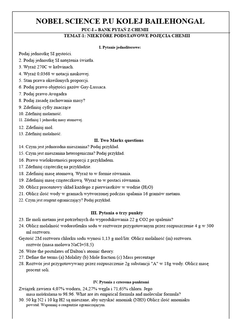 1st Puc Chemistry Fix Questions | PDF