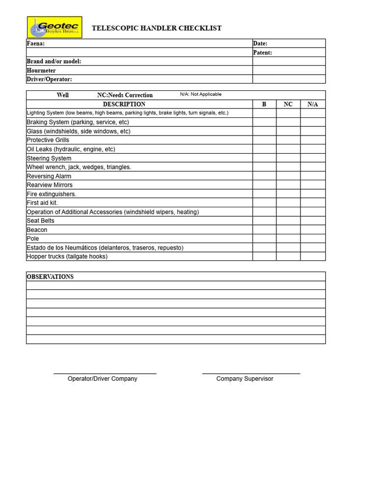 Telescopic Handler Safety Checklist | PDF | Wheeled Vehicles | Land ...