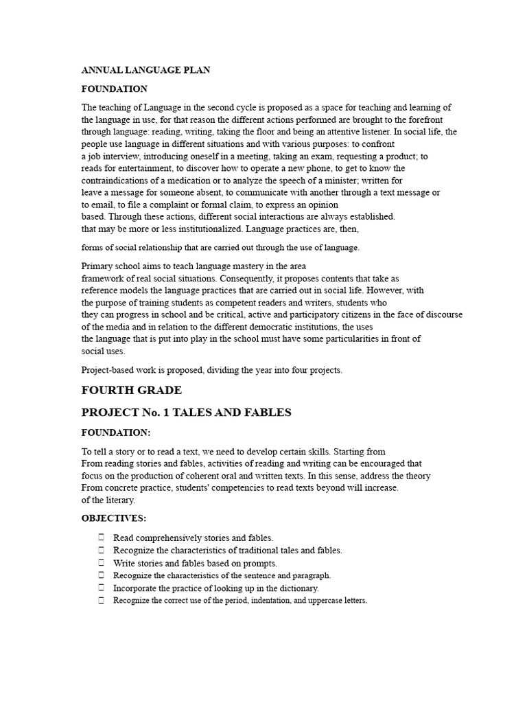 Annual Language Plan for Fourth Grade | PDF | Verb | Poetry