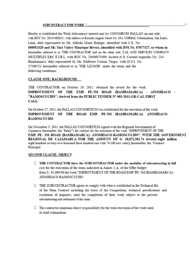 Subcontract For Work Print | PDF | Employment | Subcontractor