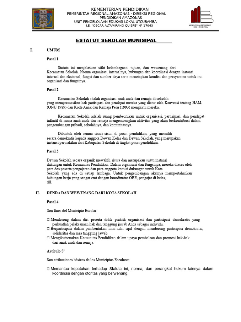 Statuta Kecamatan Sekolah di UTCubamba | PDF