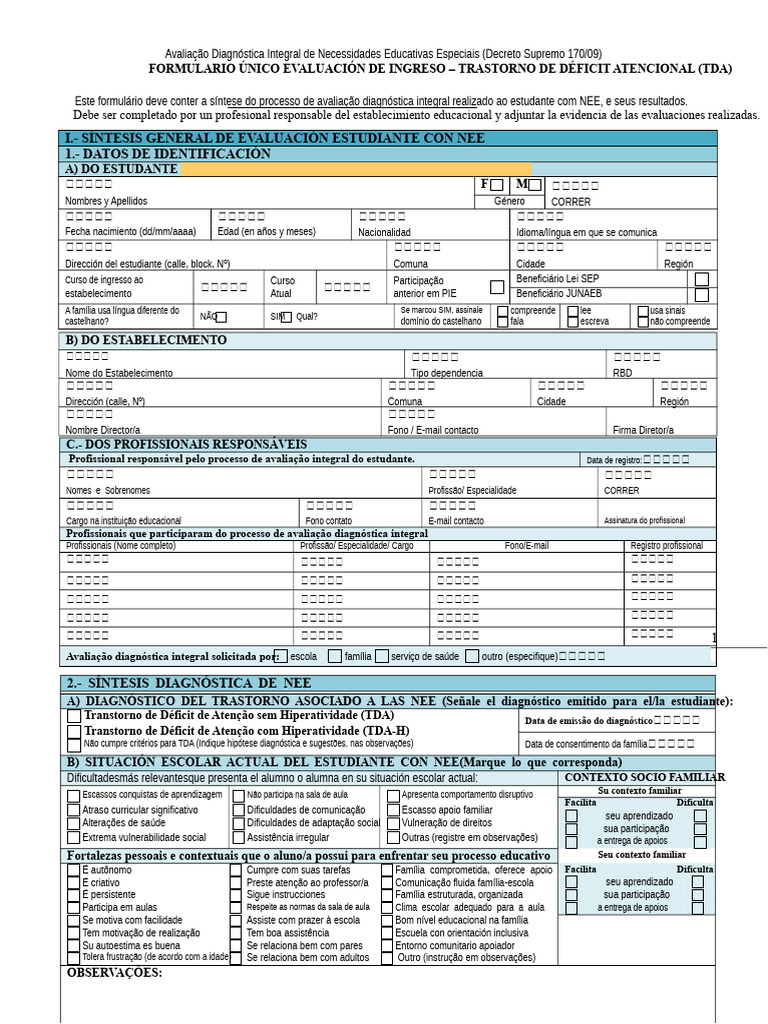 Formulário Único TDAH | PDF | Transtorno de déficit de atenção e ...