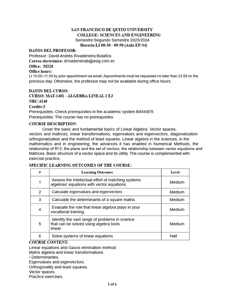 Syllabus Linear Algebra USFQ 2024 | PDF | Matrix (Mathematics ...