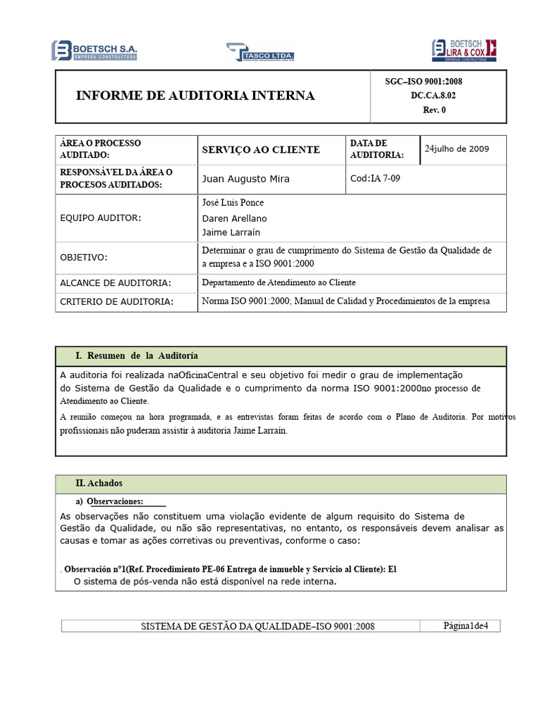 Auditoria Interna ISO 9001:2008 Atendimento | PDF | Gestão de qualidade ...