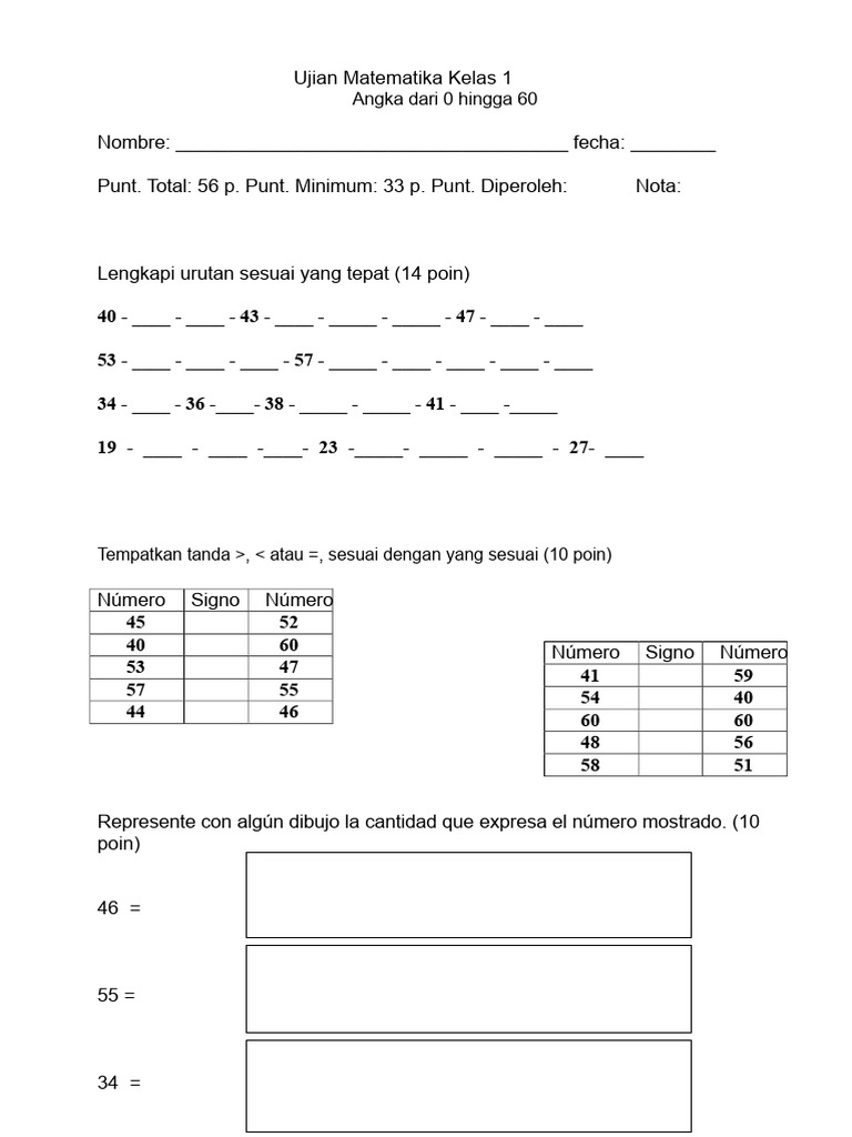 Uji Matematika Angka 0 Hingga 60 | PDF