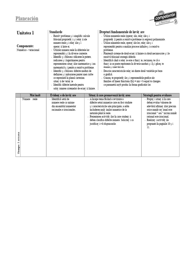 Plan - Ser Competent Matematica 9 - U1 | PDF