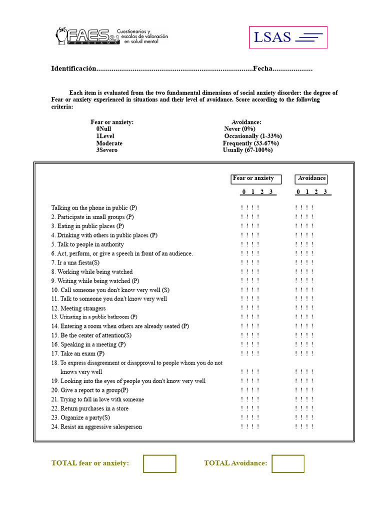 (LSAS) Liebowitz Social Anxiety Scale | PDF | Social Anxiety Disorder ...