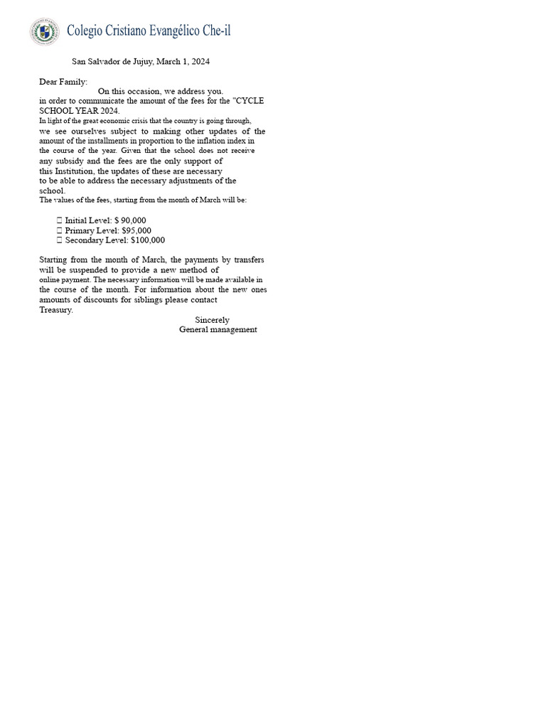 Fee Note March 2024 - Che-Il School | PDF