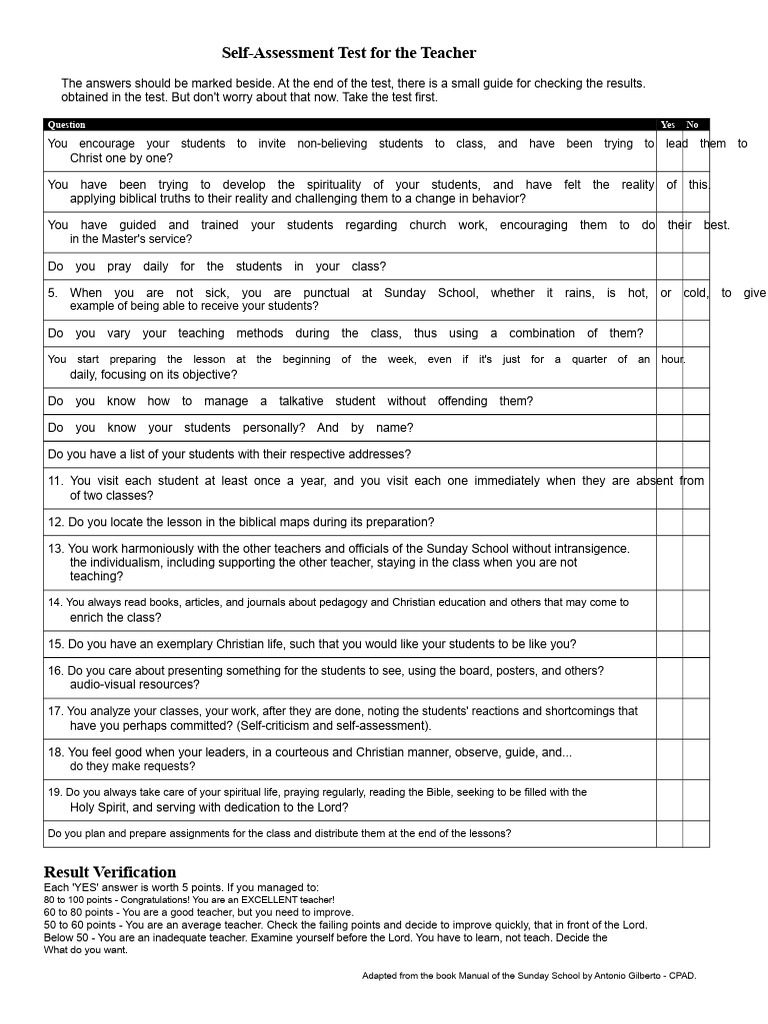 Teacher Self-Assessment Test Guide | PDF | Teachers