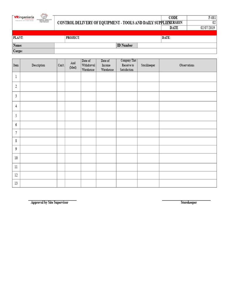 Equipment Delivery Control Document | PDF