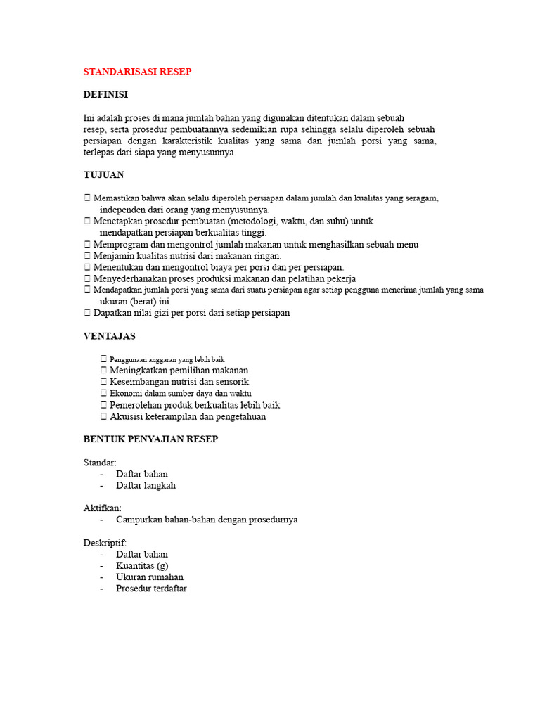 Standarisasi Resep untuk Kualitas Konsisten | PDF