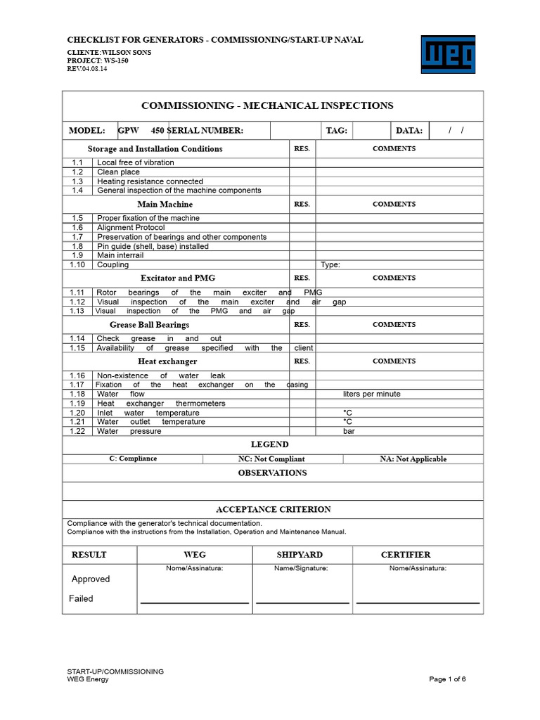 Generator Commissioning Checklist | PDF | Diode | Electric Generator