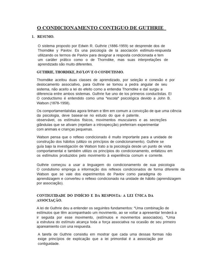 Condicionamento Contíguo de Guthrie | PDF | Aprendizado | Psicologia